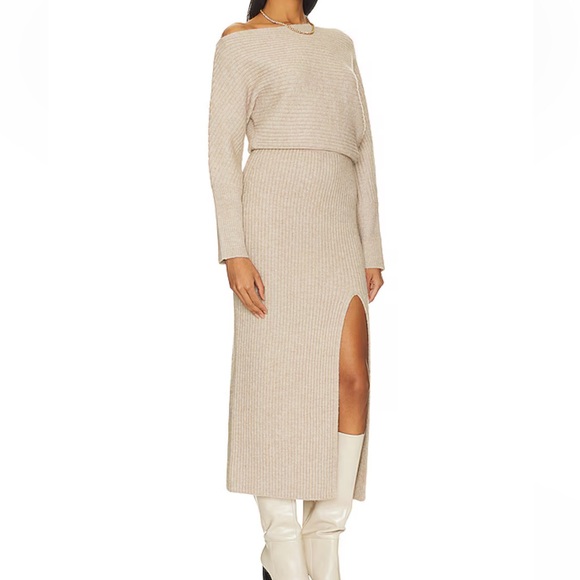 Line & Dot Alta Sweater Dress in Oatmeal Ribbed Off the Shoulder Front Slit Sz M - Picture 12 of 14